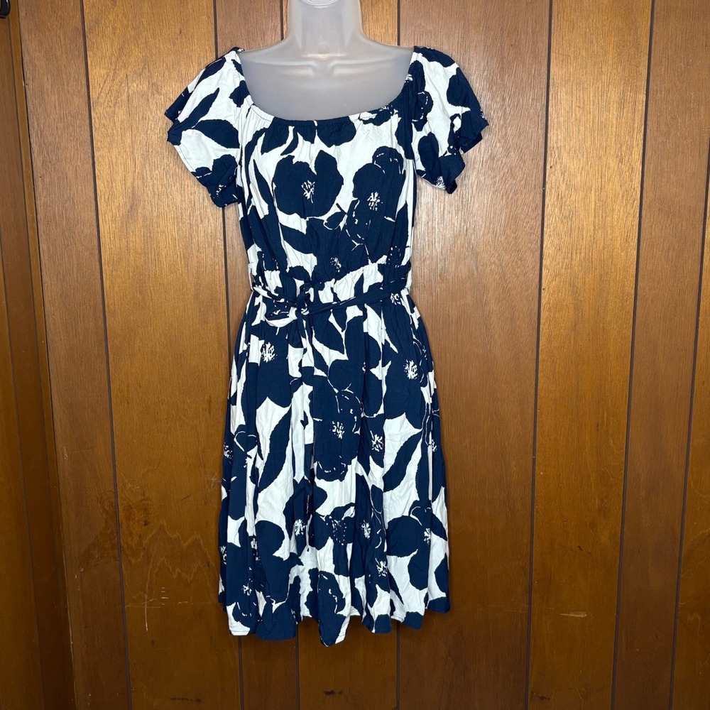 Jeceika Dress‎ M Navy White Floral Off Shoulder Belted Cottagecore Boho Coastal